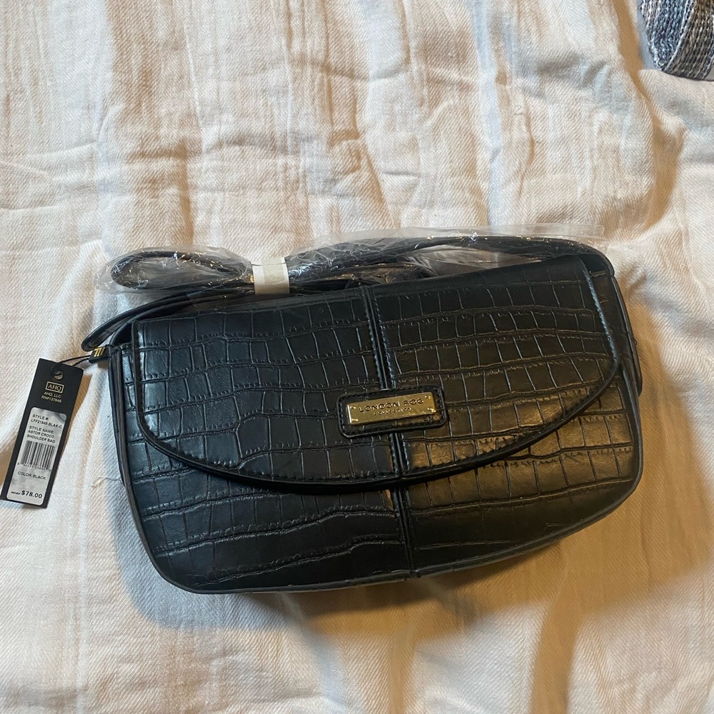 London Fog Black Crossbody Bag with Crocodile Embossing